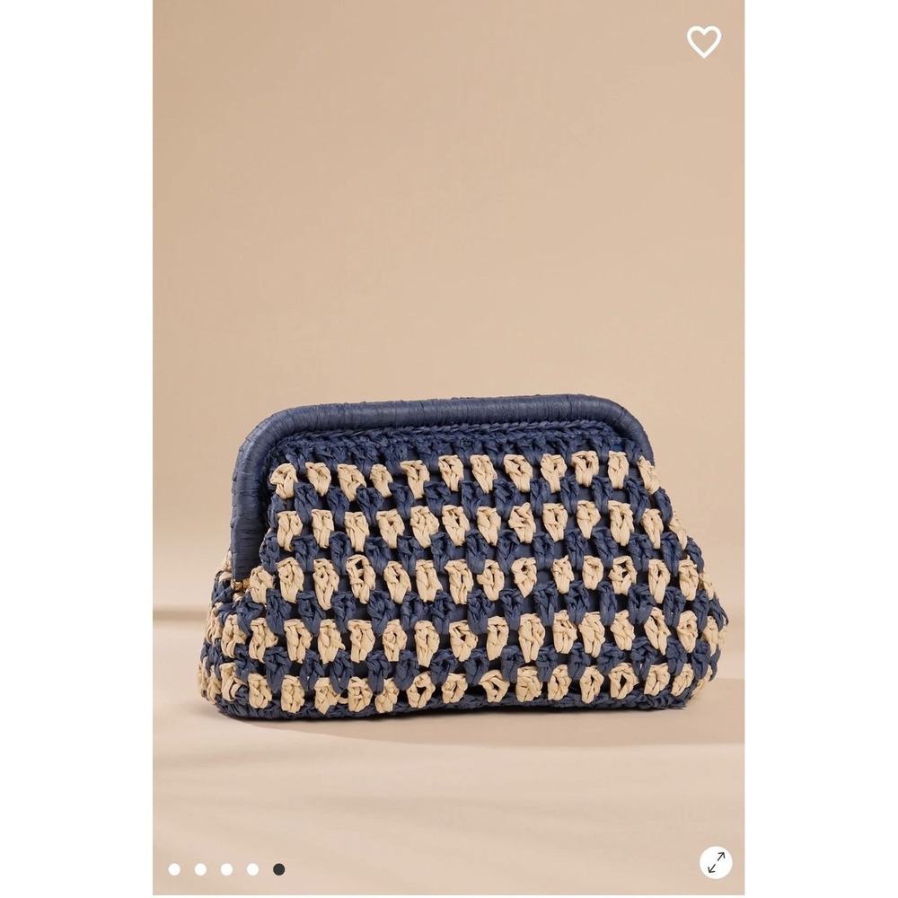 Altar'd State Woven Straw Clutch Navy Blue Cream Beaded Resin Handle Handbag - Picture 5 of 9
